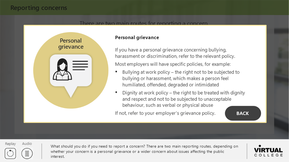 Reporting concerns personal grievance
